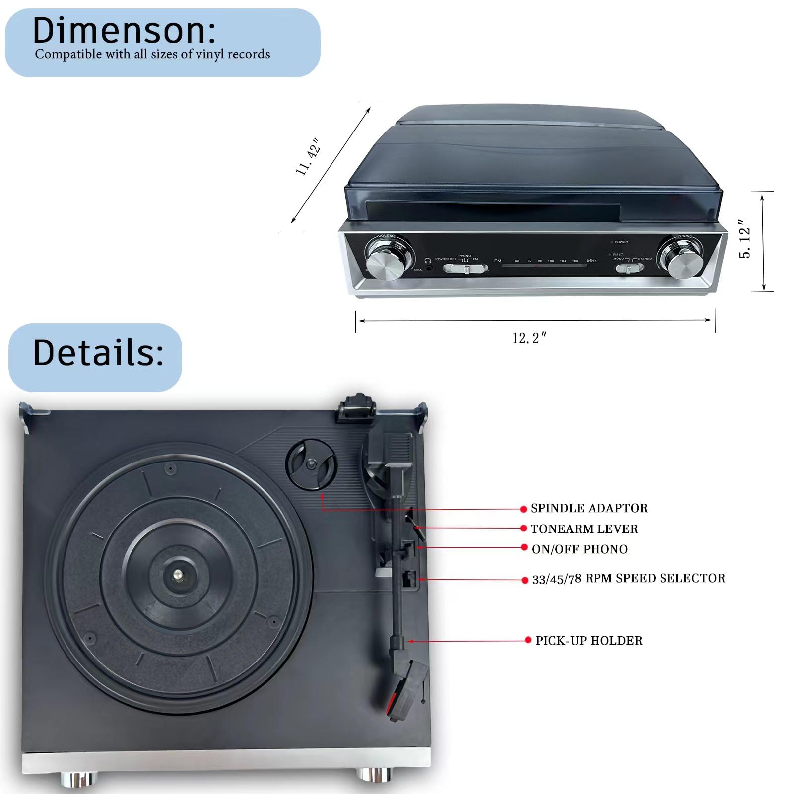AETKFO Vinyl-Plattenspieler, Bluetooth, 33/45/78 U/min, mit integrierten Lautsprechern, Codierung von Vinyl auf MP3, unterstützt USB/3,5 mm AUX in/Cinch-Buchse