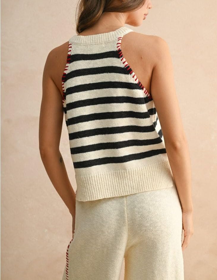 Women's Striped Knit Tank Top Casual Sleeveless Notched V Neck Contrast Sweater Summer Slim Fit Cropped Sweater Vest2