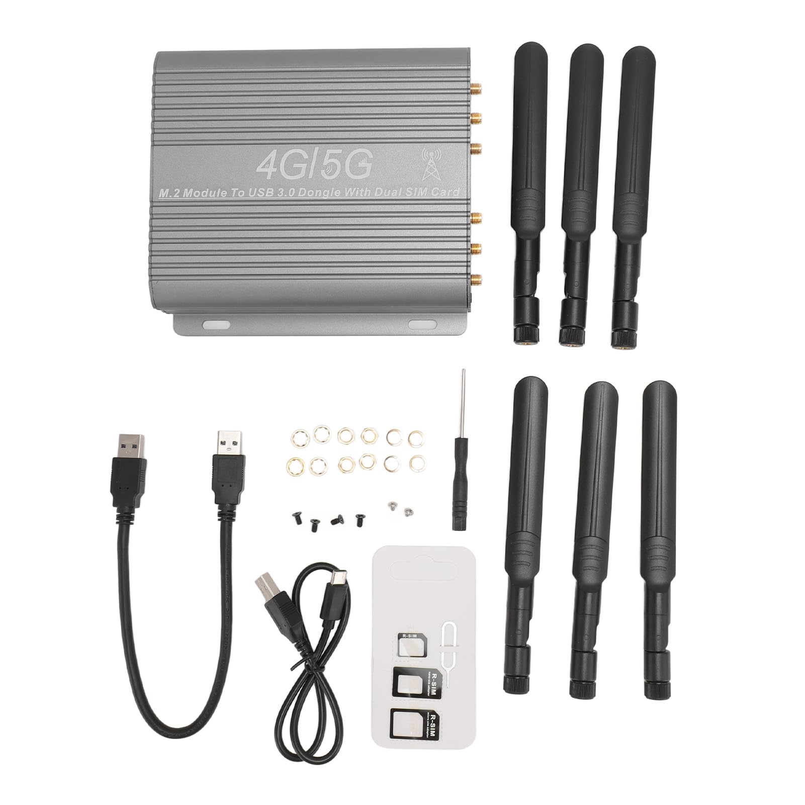 4G/5G-Modul auf USB 3.0-Adapter, NGFF M.2 auf USB 3.0-Dongle mit Dual-SIM-Kartensteckplatz, Dual-Lüfter, High-Gain-Antenne, Hilfsstromversorgung, Unterstützt 3042/3052 M.2 Key
