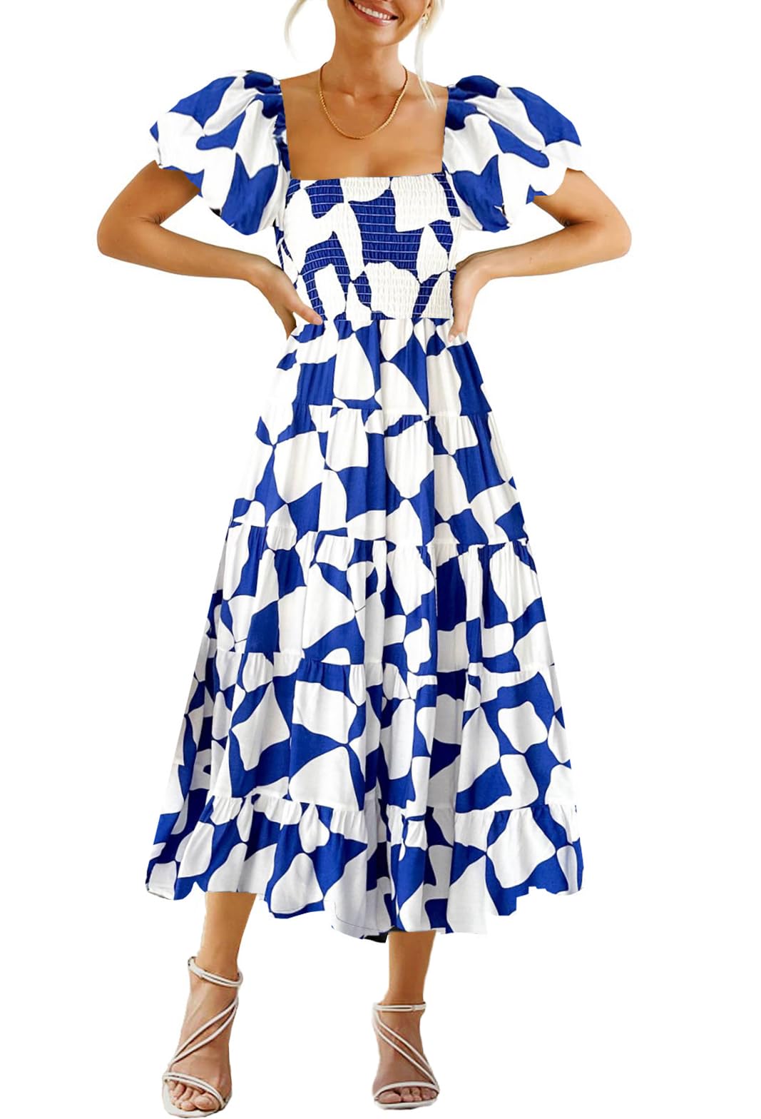 GOLDSTITCH Women's Smocked Maxi Dress Square Neck Ruffle Hem Puffy Short Sleeve Flowy Midi Dress