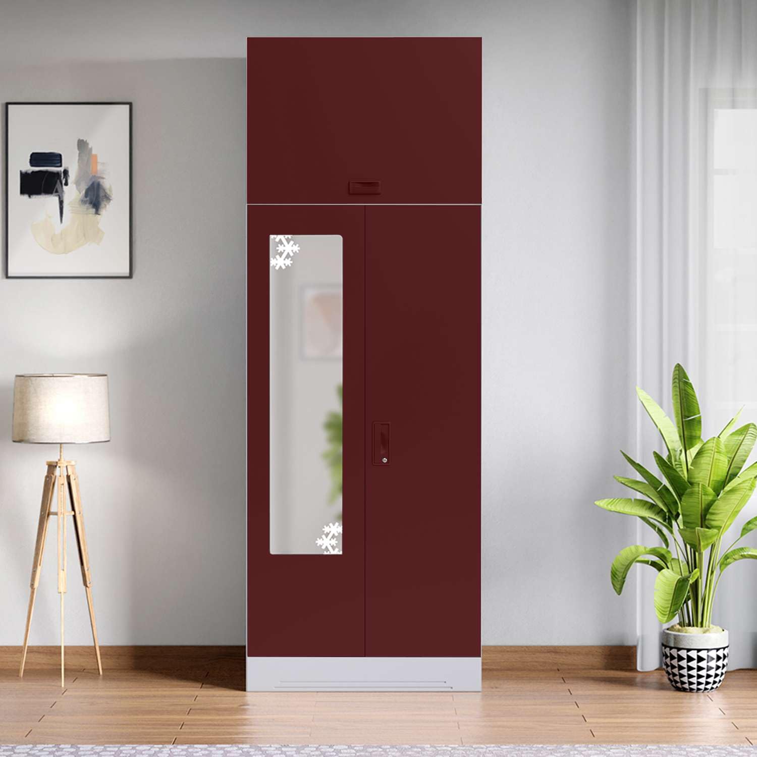 Interio by Godrej Almirah Slimline 2-Door Steel Almirah, Cupboard for Clothes (Russet), 1-Year Warranty, 4 Shelves, with Overhead Unit, Star Design Mirror-image-18