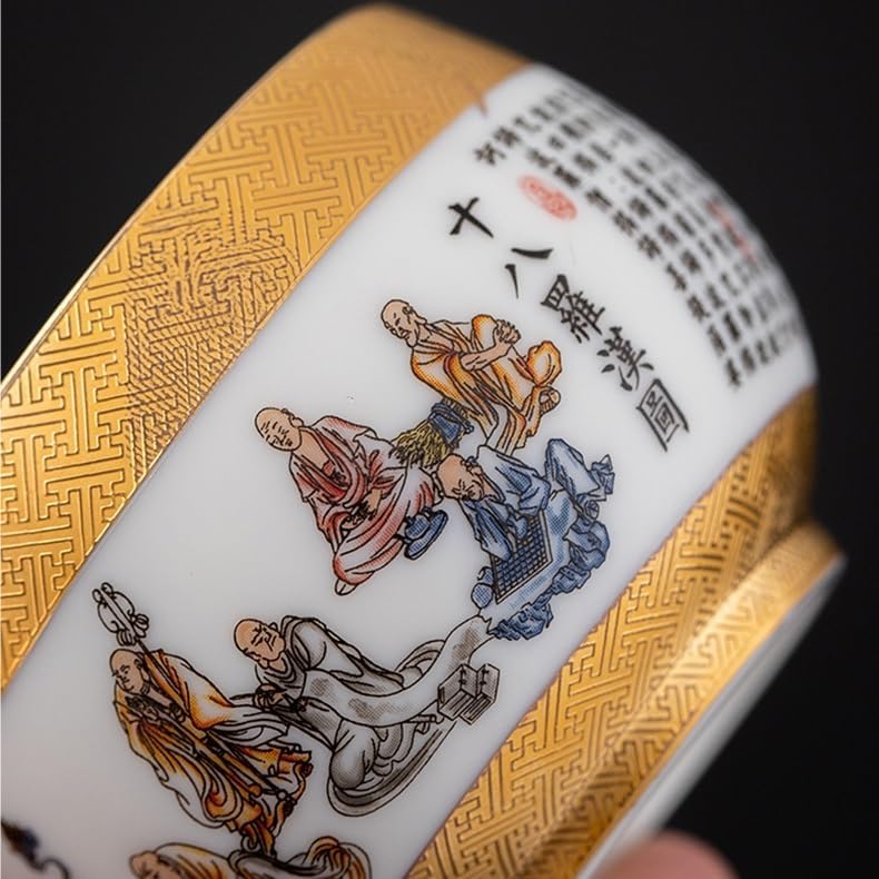 Tea Cup Gilded Owner's Hand-Painted Eighteen Arhats Ink-and-Color Vintage Zen-Inspired Personal Set Soaking Container