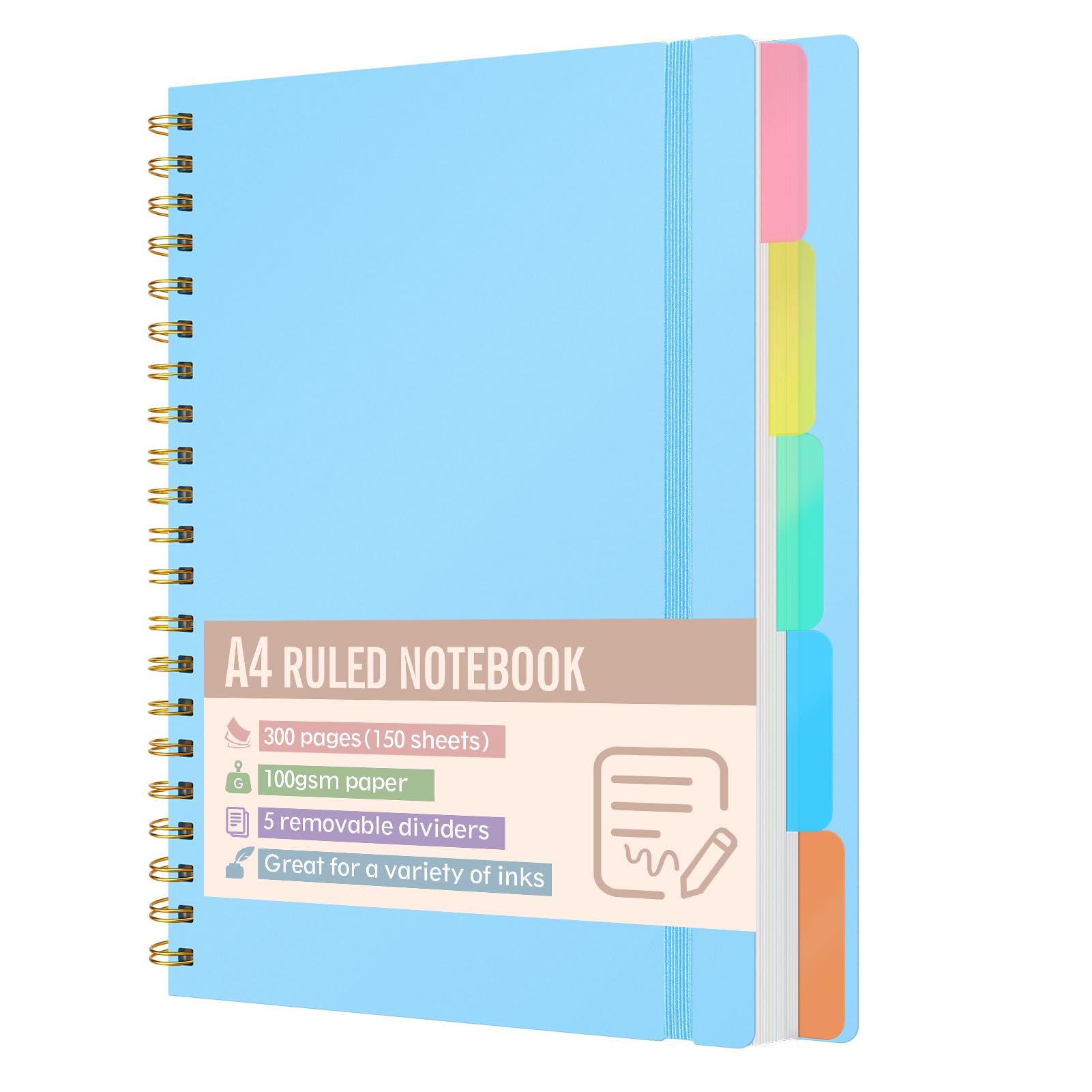Xnegau A4 Lined Notebook with 5 Removable Dividers, 300 Pages 100gsm Thick Paper, Hard Cover Spiral Bound Notebook with Tabs for School, Office, University and Planning