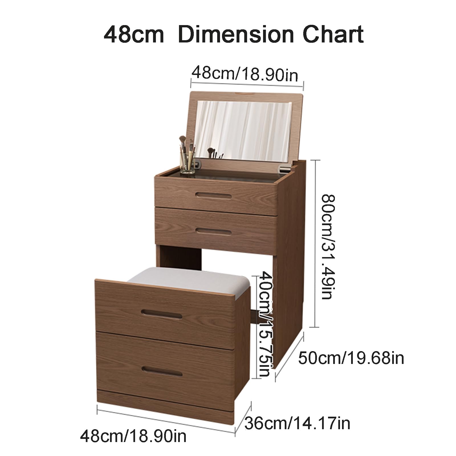 Schminktisch-Set aus weißem Gummibaumholz mit Klappspiegel, Schminkhocker und 2 Schubladen – Stauraum für Schlafzimmer, Wohnzimmer, Büro, Schreibtisch/Nachttisch (S-48cm)