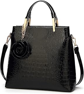 XingChen Shiny Patent Leather Women Handbag Crocodile Pattern Shoulder Bag Flower Pendant Top Handle Tote Satchel Purse Black