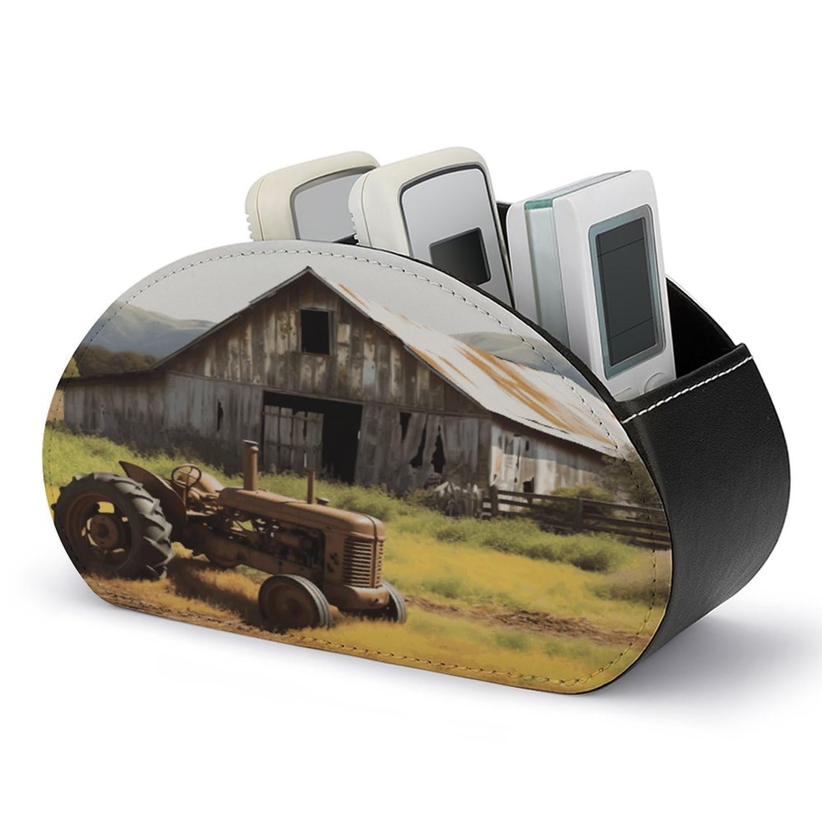FekiLoot Old Wooden Barn with Rusted Tractor Remote Control Holder, PU Leather Remote Control Organizer Box Stationery Remote Control Box Desk Storage Organizer for DVDs,Glasses,Pens,Media Players