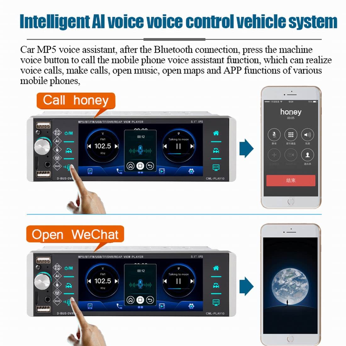 5,1 Pulgadas 1Din 5188 Reproductor MP5 para Coche IPS Pantalla de Prensa Control de Voz Radio RDS Am FM 4USB interconexión bidireccional