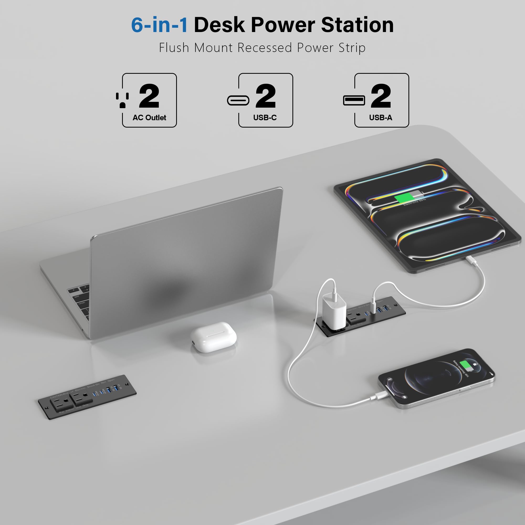 Conference Recessed Power Strip USB C Fast Charging,Furniture Recessed Outlet,Table Power Strip,Flush Mount for Side Table (Black, 65W USB-C Ports)