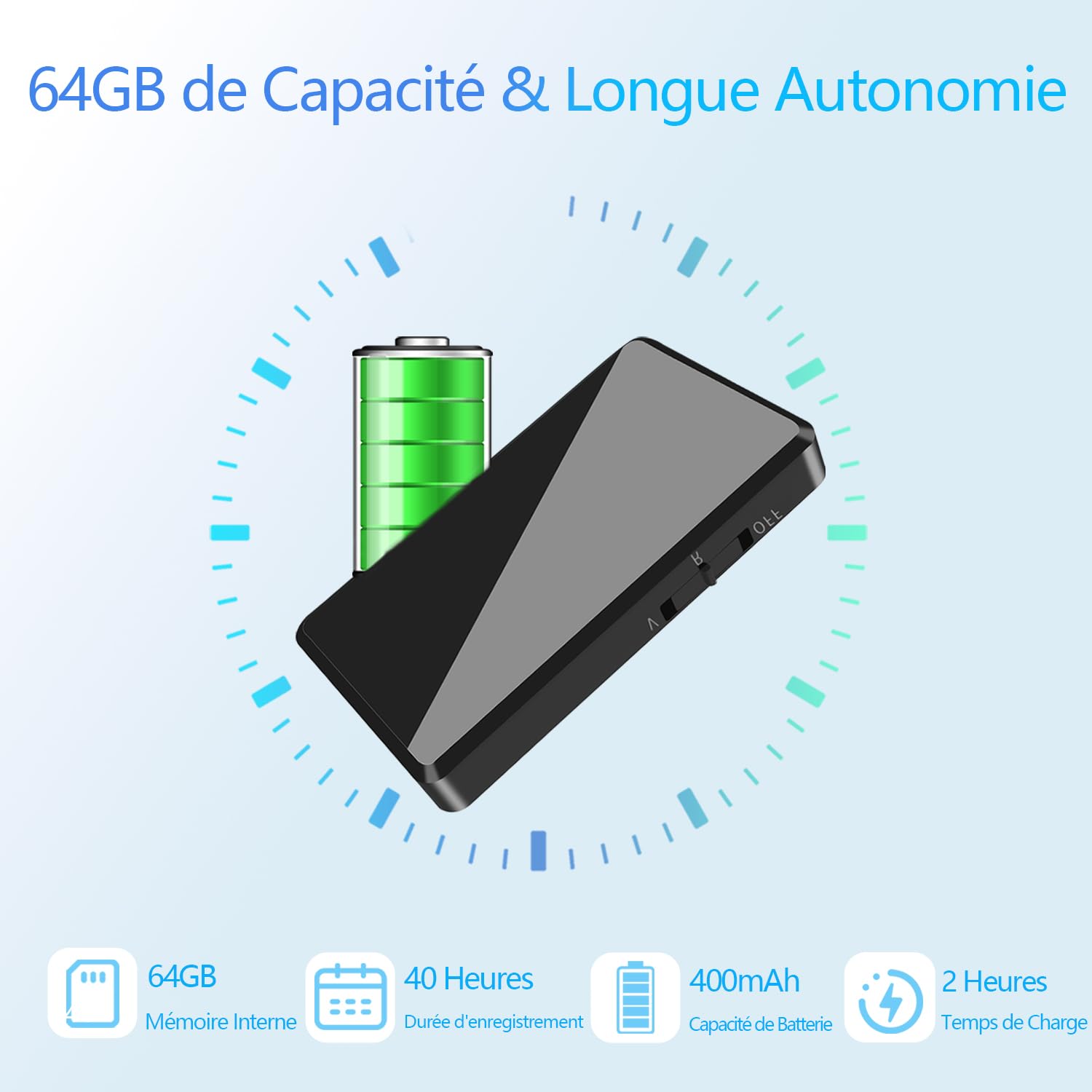 Mini Enregistreur Vocal 64 Go Dictaphone avec Activation Vocale, Écouteurs, Rechargeable USB