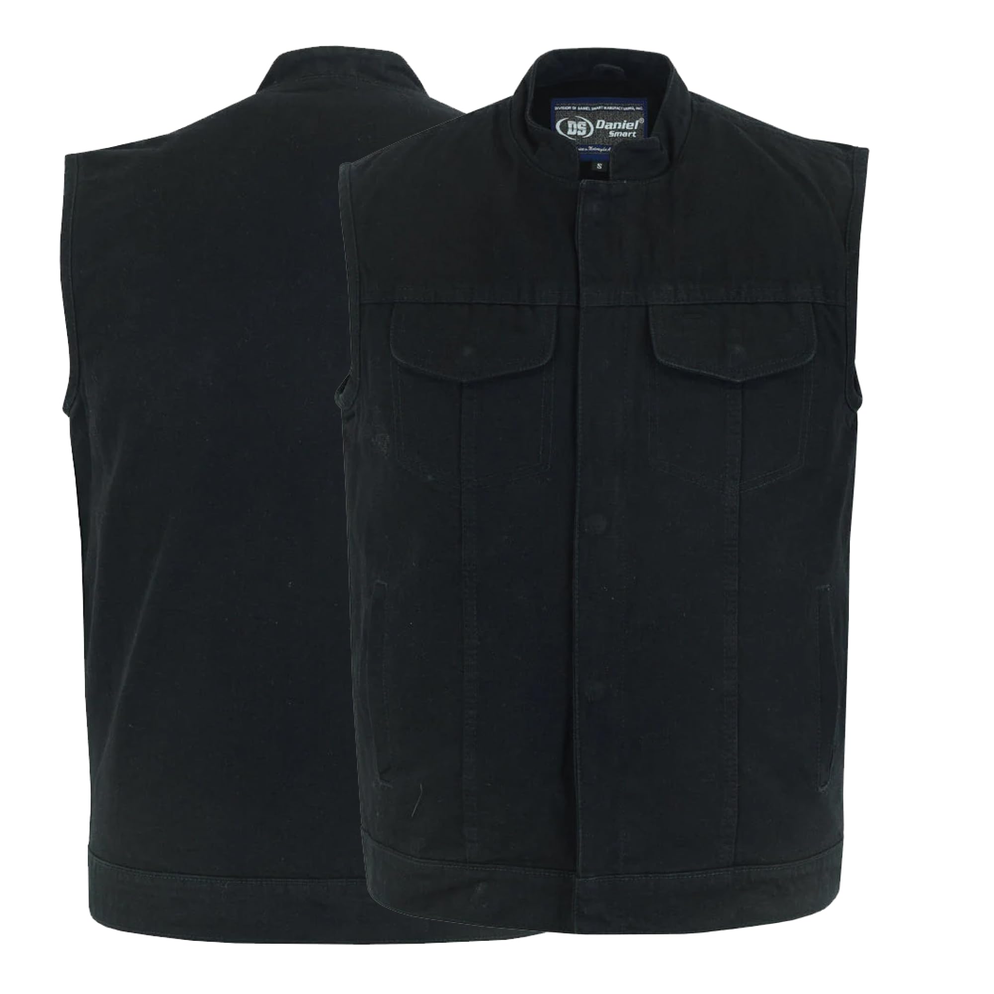 Daniel Smart Men's Motorcycle Denim Vest – Stand Collar Biker Riding Vest w/YKK Zipper, Smart Pockets & Patch-Ready Back (US, Alpha, 3X-Large, Regular, Regular, Black)