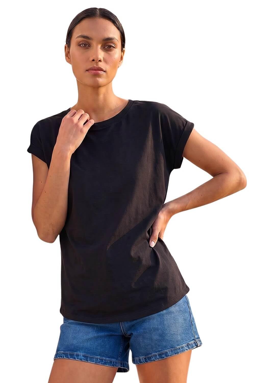 Roman Women's Black Plain Stretch Cotton Jersey T-Shirt In Size 20