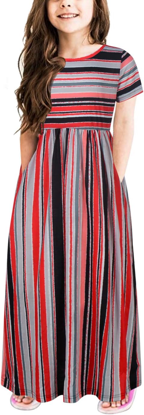 GORLYAGirl's Short Sleeve Floral Print Loose Casual Long Maxi Dress with Pockets 4-12 Years