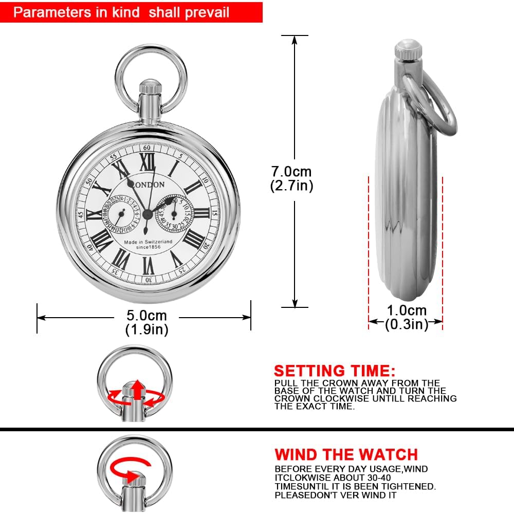 Orologio da taschino in acciaio inox, stile vintage, con disegno di treno londinese, meccanico a carica manuale, con catena