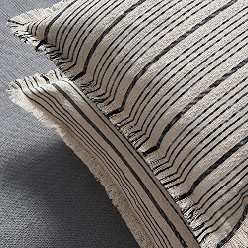 Topfinel Farmhouse Stripes Throw Pillow Covers With Tassel Set Of 2 18X18, Modern Accent Decorative Fringed Cushion Covers, Black And White Boho Textured Linen Pillowcases For Couch Bedroom Decor #TOP3