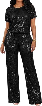 Vaceky Women's Full Sequin Pants Set Crewneck Short Sleeve Outfit