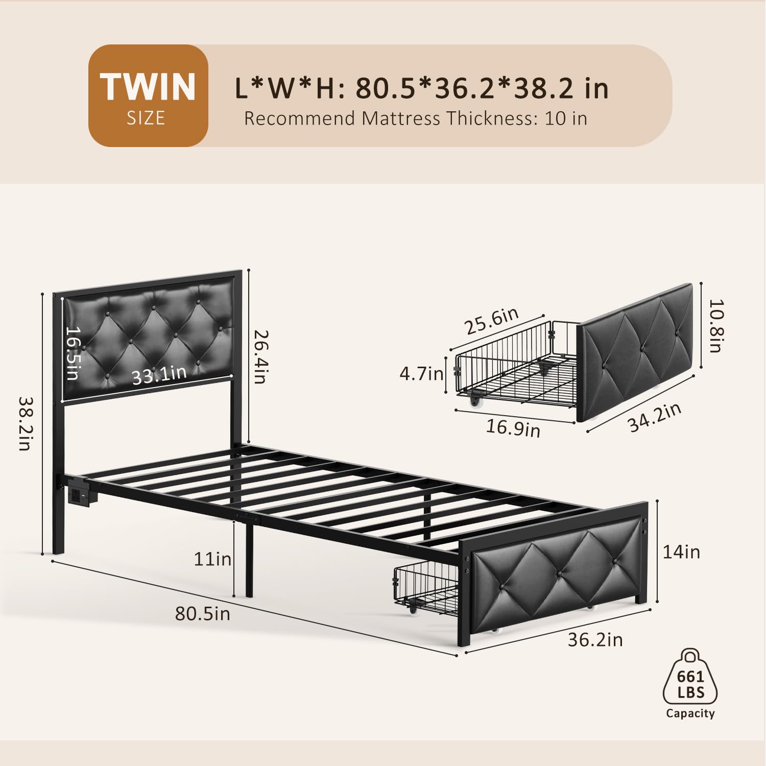 Struttura Letto Singolo, 90 x 200 cm, con stazione di ricarica e testa imbottita, struttura per letto con cestino, ruote in metallo, capacità di peso 300 kg