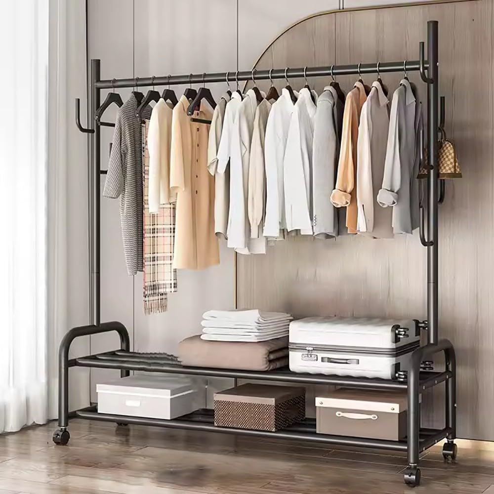 MYUYEE Heavy-Duty Clothes Rack On Wheels, Metal Clothes Rail, Multifunctional Mobile Coat Rack With Shoe Rack And 7 Hooks For Bedroom, Hallway, 120/150 * 37 * 165Cm(D-150Cm)