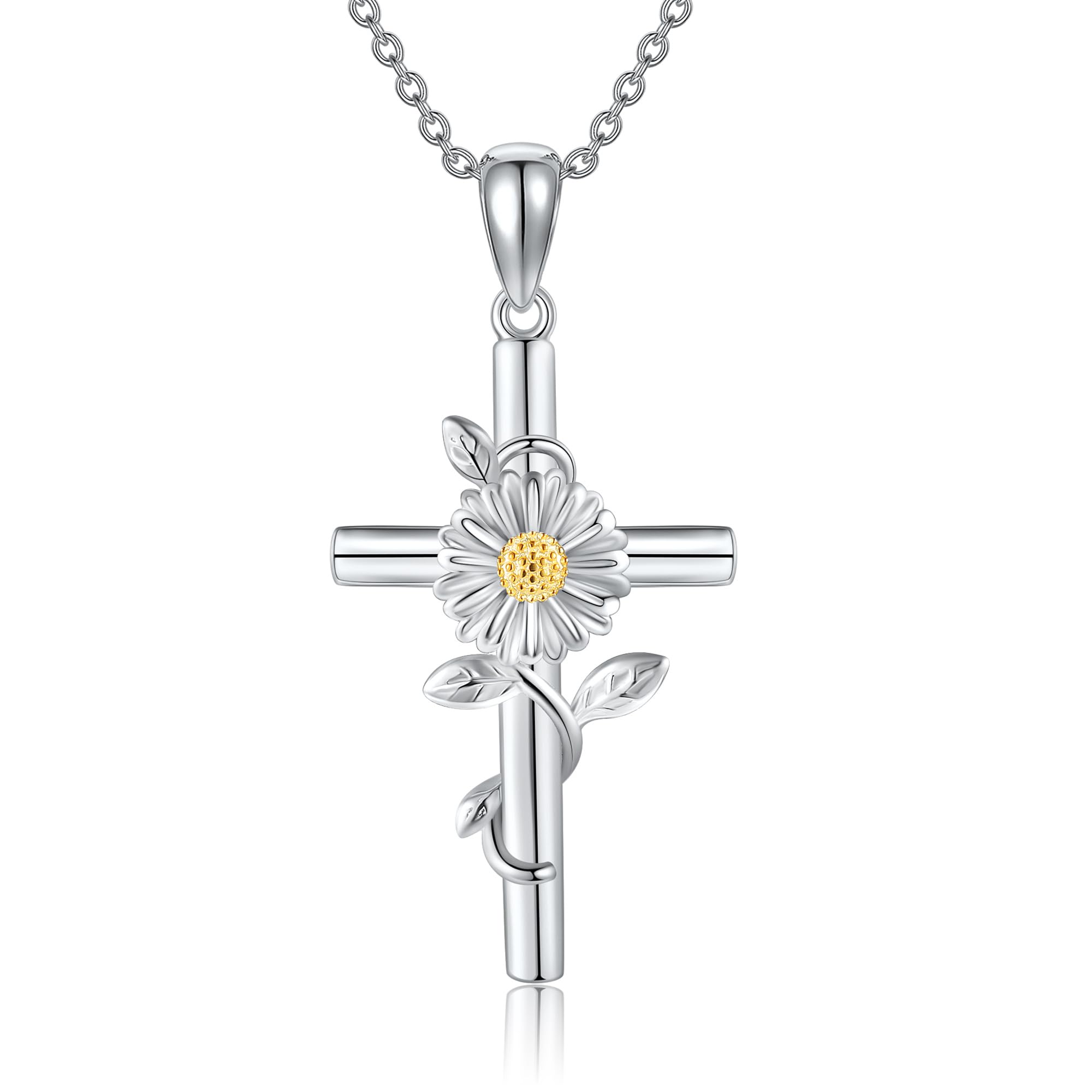 JERWLIFlower Cross Necklace 925 Sterling Silver Carnation/Rose/Lily/Daisy Cross Necklace Birth Flower Jewelry for Women