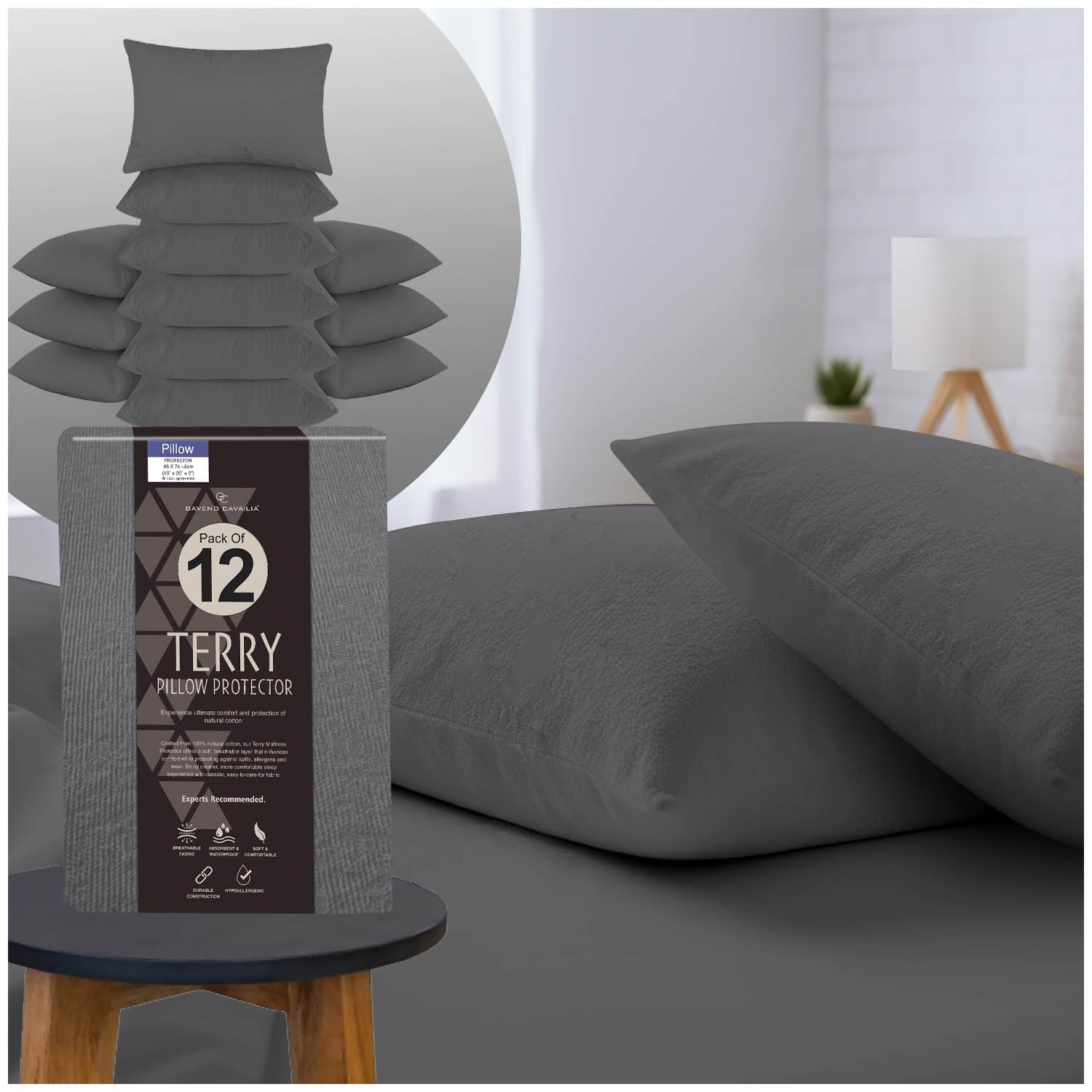 GC GAVENO CAVAILIA Terry Towel Pillow Protector - Pack of 6 Breathable & Soft Towelling Waterproof Pillow Protectors - Anti Allergy Pillow Cover - Charcoal — image 1