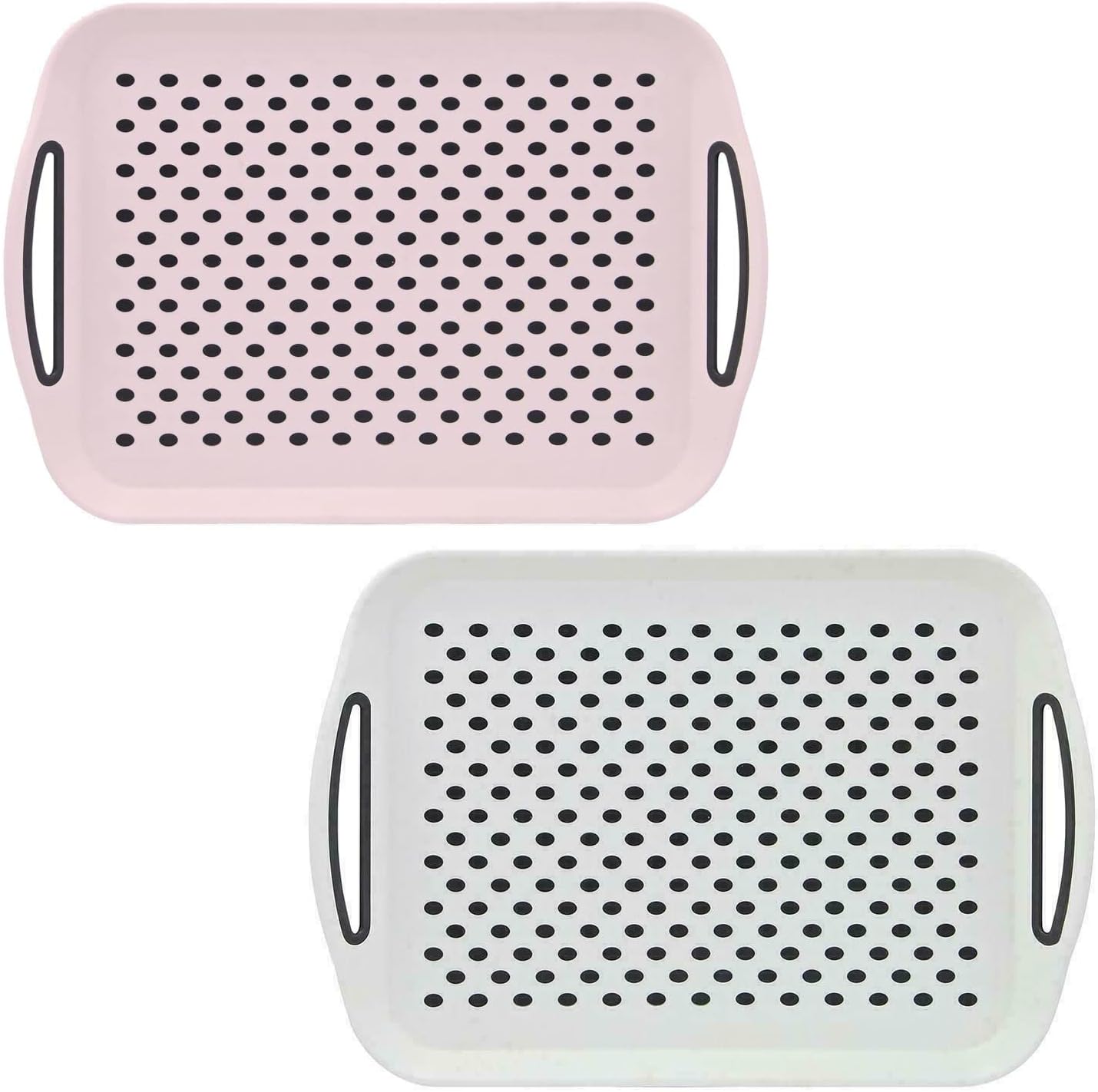 SASHTECH-Set of 2 Anti Slip Food Tray Rectangular Top and Bottom Non-Slip Tray (White/Pink}