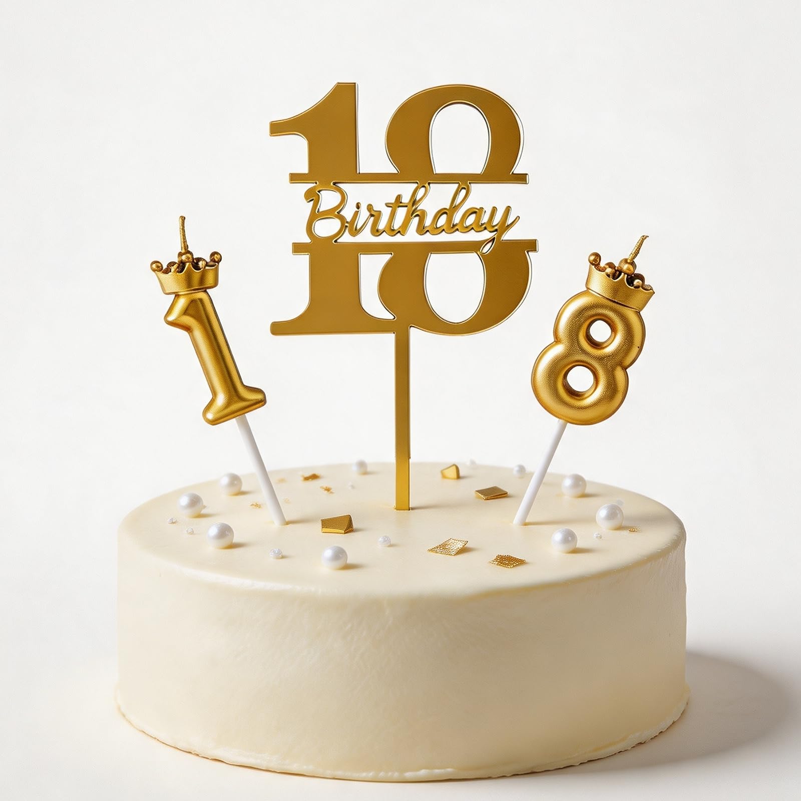 Gold 18th Birthday Cake Topper and Number 18 Candles for Cake — image 1