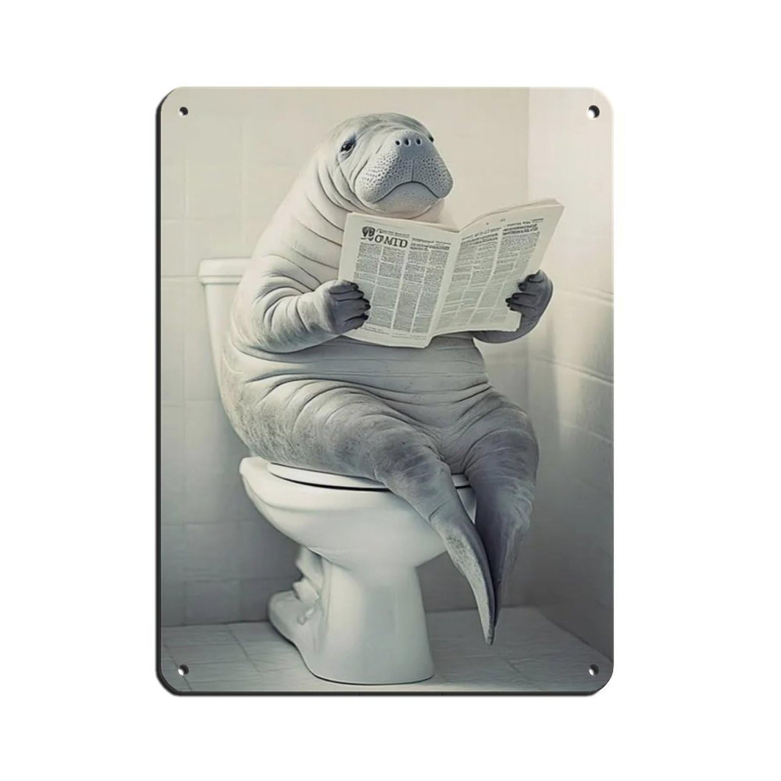 Manatee Sitting on Toilet Reading Newspaper Retro Poster Metal Tin Sign Chic Art Retro Iron Painting Bar People Cave Cafe Family Garage Poster Wall Decoration 12x16inch(30x40cm)