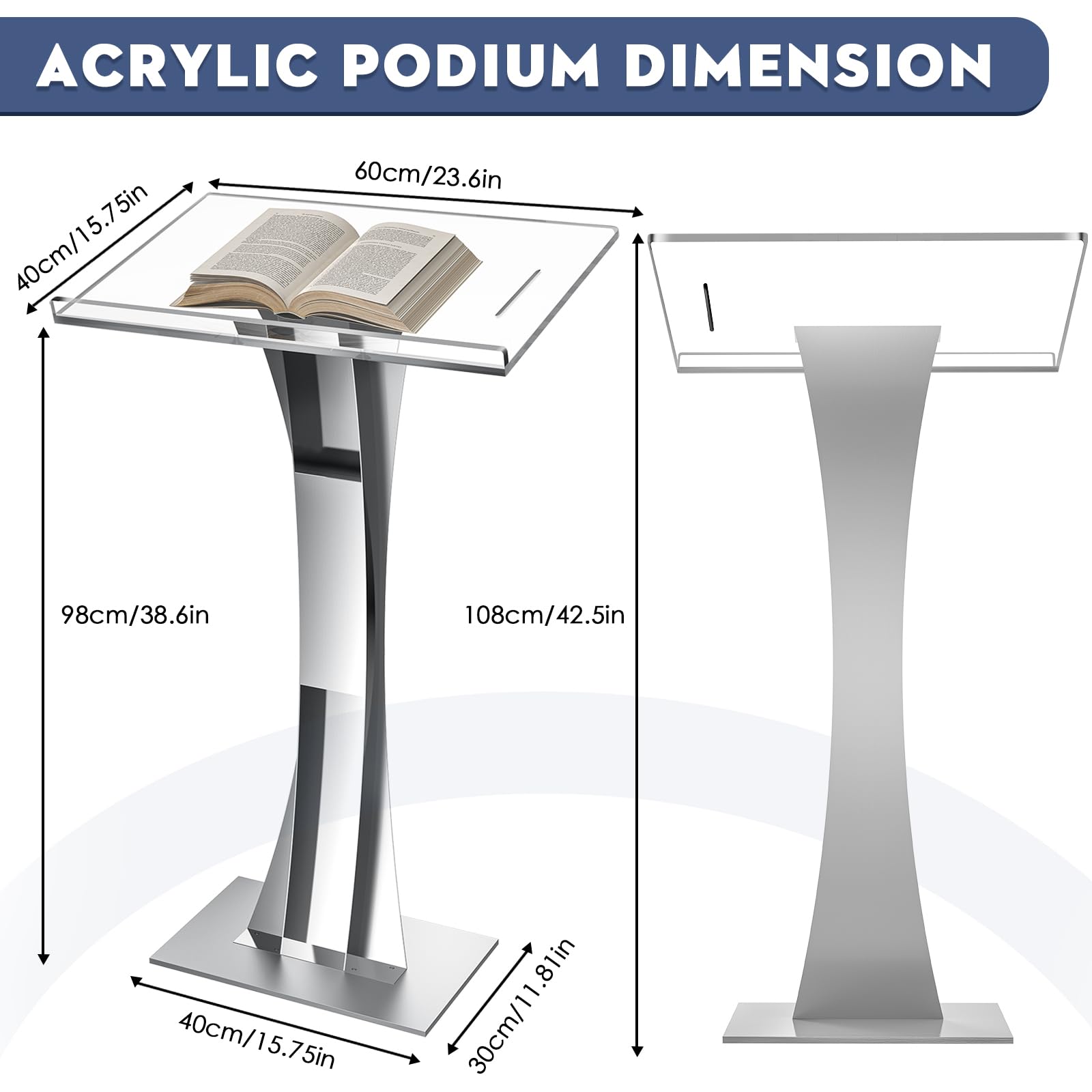 Supporto per podio in acrilico trasparente, 109,2 cm, per chiese, leggio moderno per aule, conferenze, matrimoni e altro (argento)