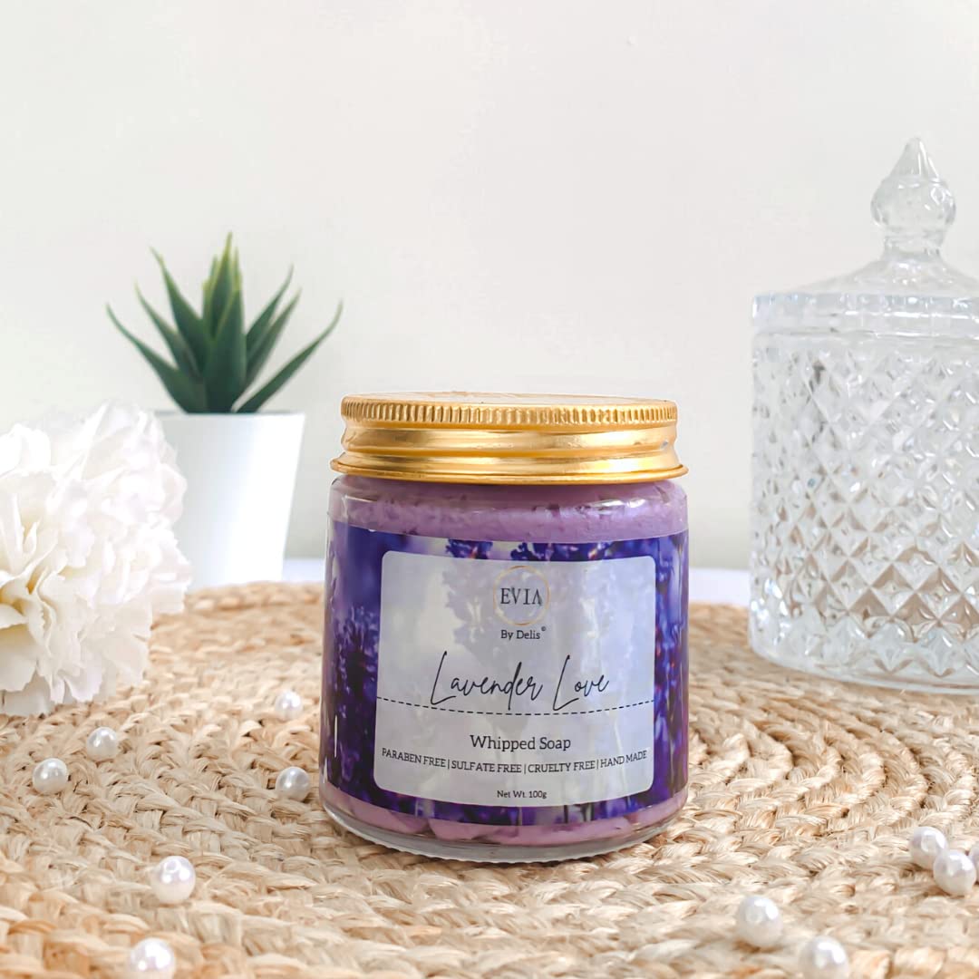 Evia Lavender Love Whipped Soap | 100gm | Anti-Acne Body & Face Wash | | Lavender & Peppermint Essential Oil | Normal to Oily Skin | Sulphate & Paraben Free, PH Balanced