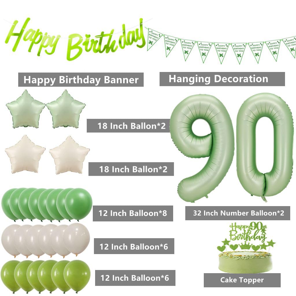 Kit Decorazione Compleanno 90 Anni Verde | Striscione, 22 Palloncini E Decorazioni Per Torta