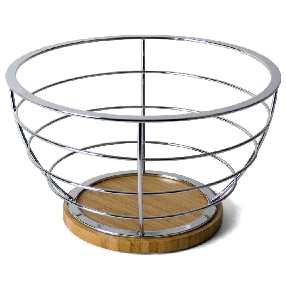 BAKAJI Cestino Portafrutta Fruttiera Centro Tavola Porta Frutta in Metallo con Base in Legno di Pino Portafrutta A Forma Rotonda 26 x 15 cm