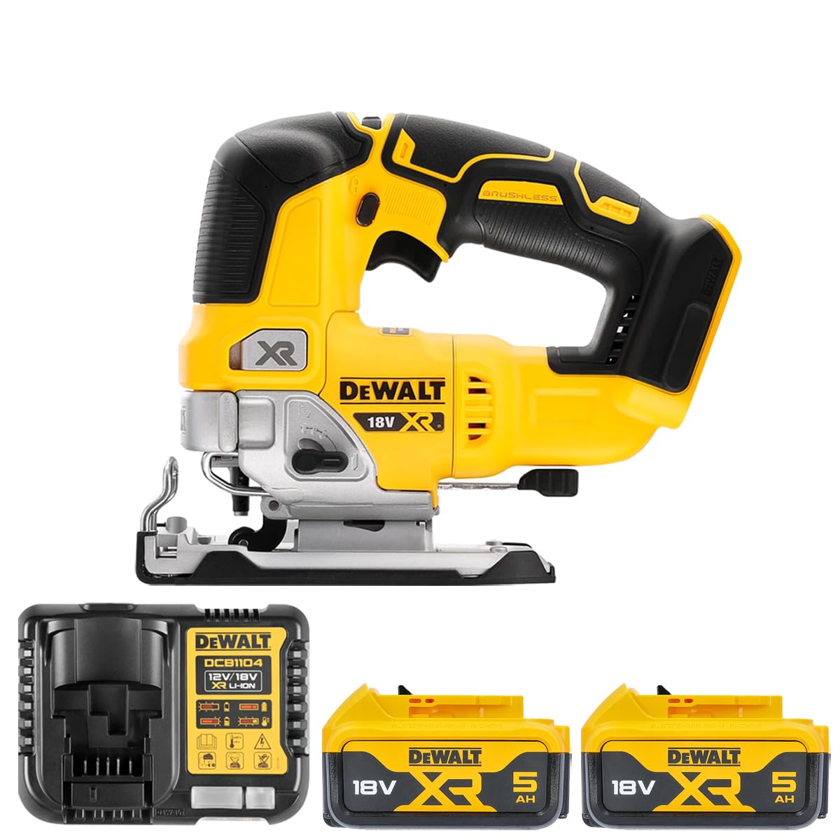 Dewalt Yellow Dcs334n 18V Brushless Top Handle Jigsaw With 2 X 5.0Ah Dcb184 Batteries & Dcb115 Charger