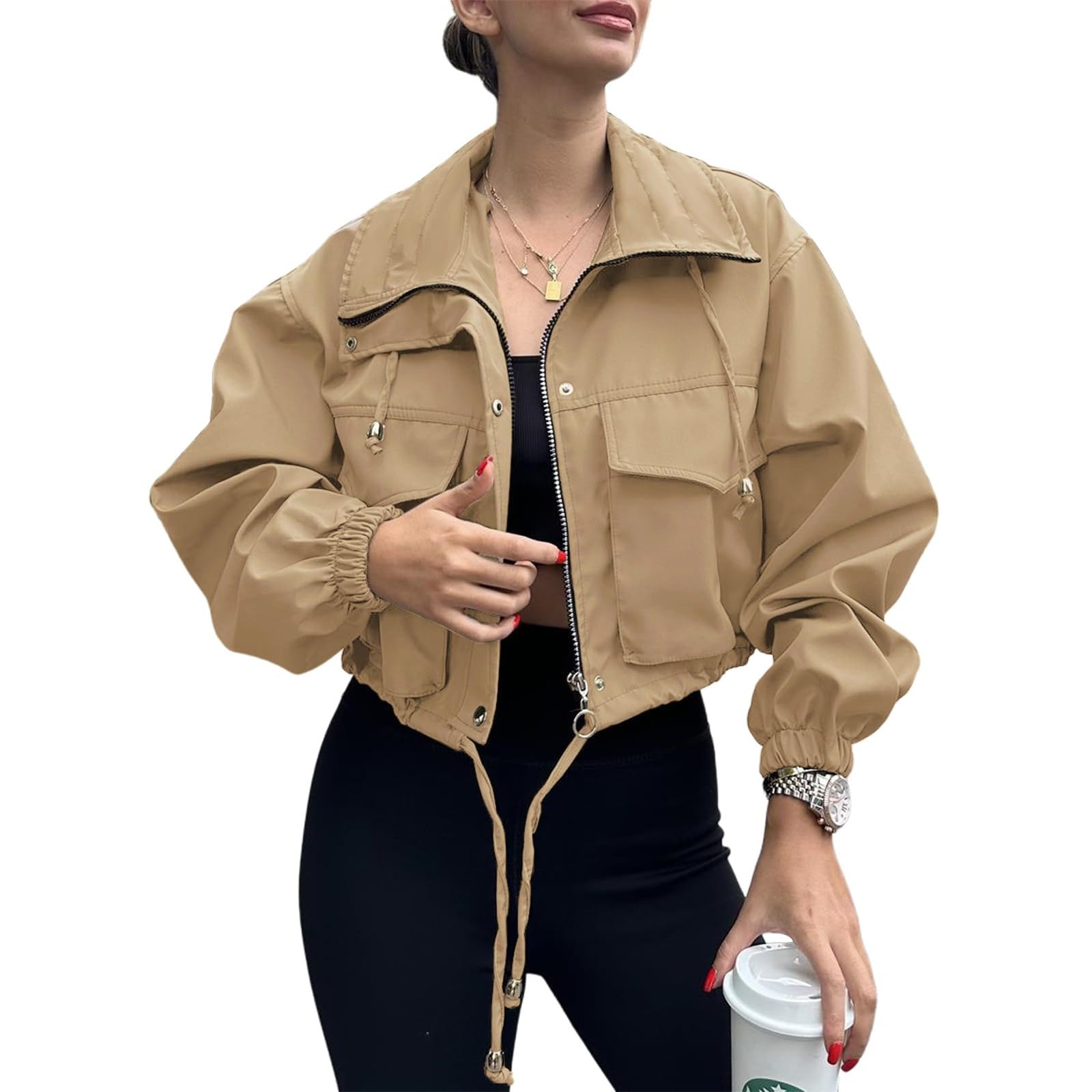 Womens Cropped Jacket Zip 2026 Trendy Zip Up Lightweight Utility Anorak Coat Long Sleeve Short Jacket with Pockets — view 6