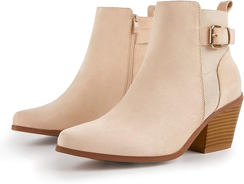 Miniatura 4 de TINSTREE Botines de punta para mujer, con botones y hebilla, para decoración de tacón grueso apilado, botines de moda con cremallera lateral, piel