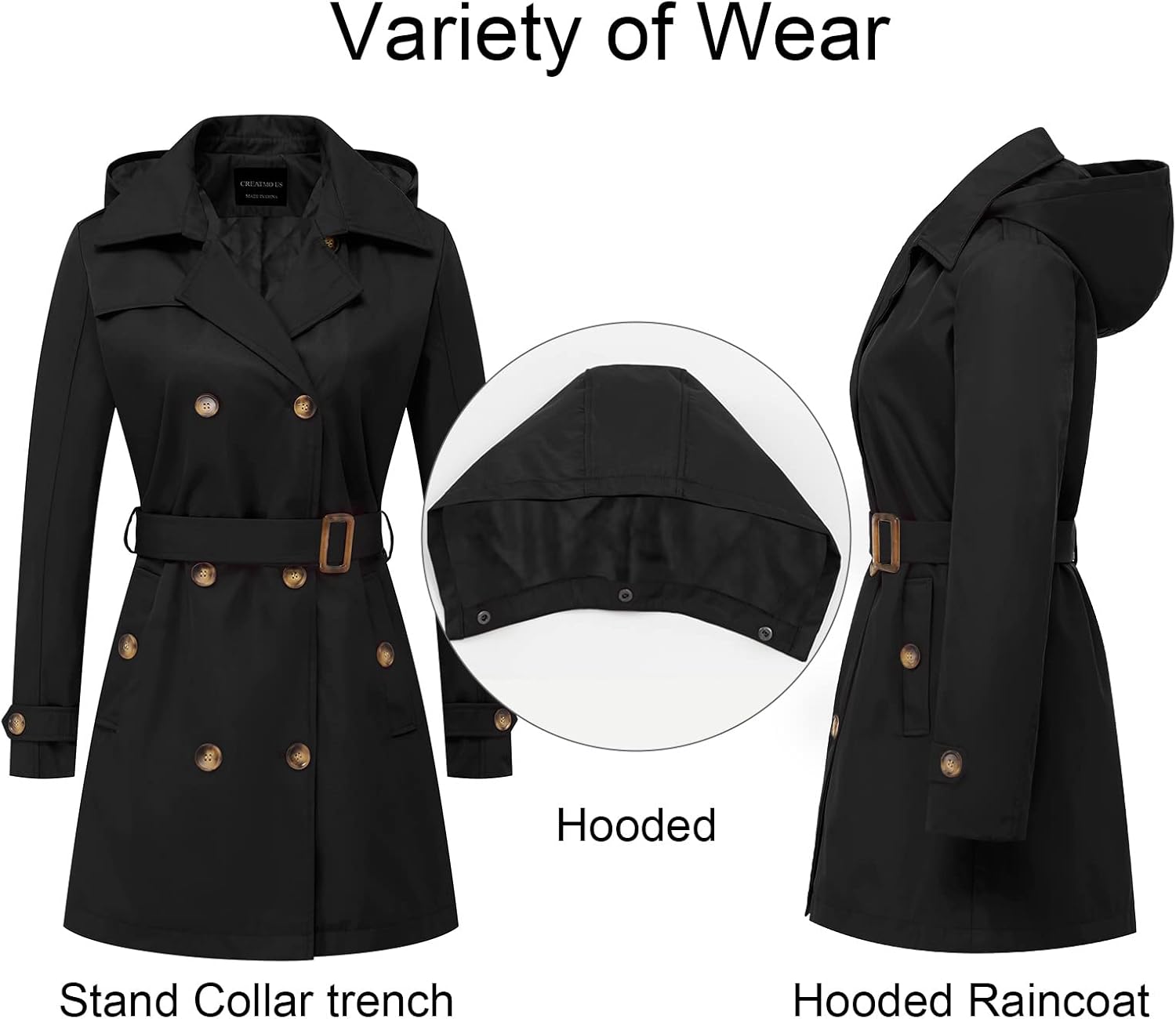 CREATMO US Women's Trench Coat Double-Breasted Classic Lapel Overcoat Belted Slim Outerwear Coat with Detachable Hood - Image 3