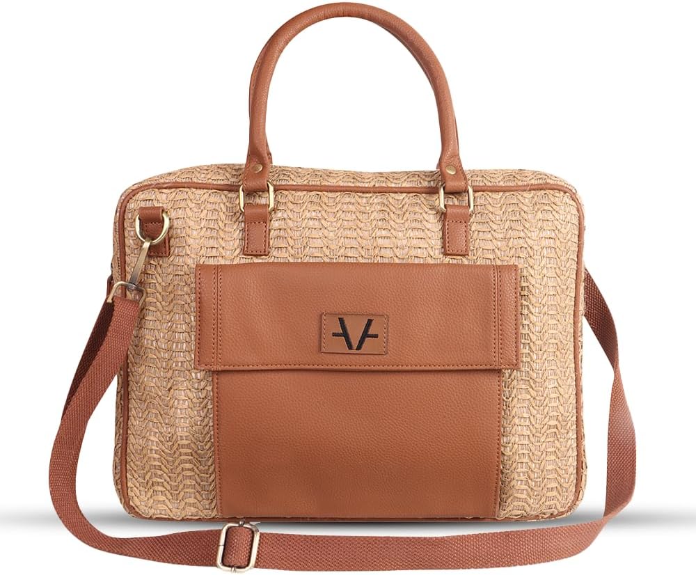 Avake Dune Ripple Laptop Bag – Raffia & Vegan Leather with Spacious Compartments | Stylish & Durable Work Tote with Zipper | Sustainable Bags for Men & Women | Brown | Laptop Fit upto 14''