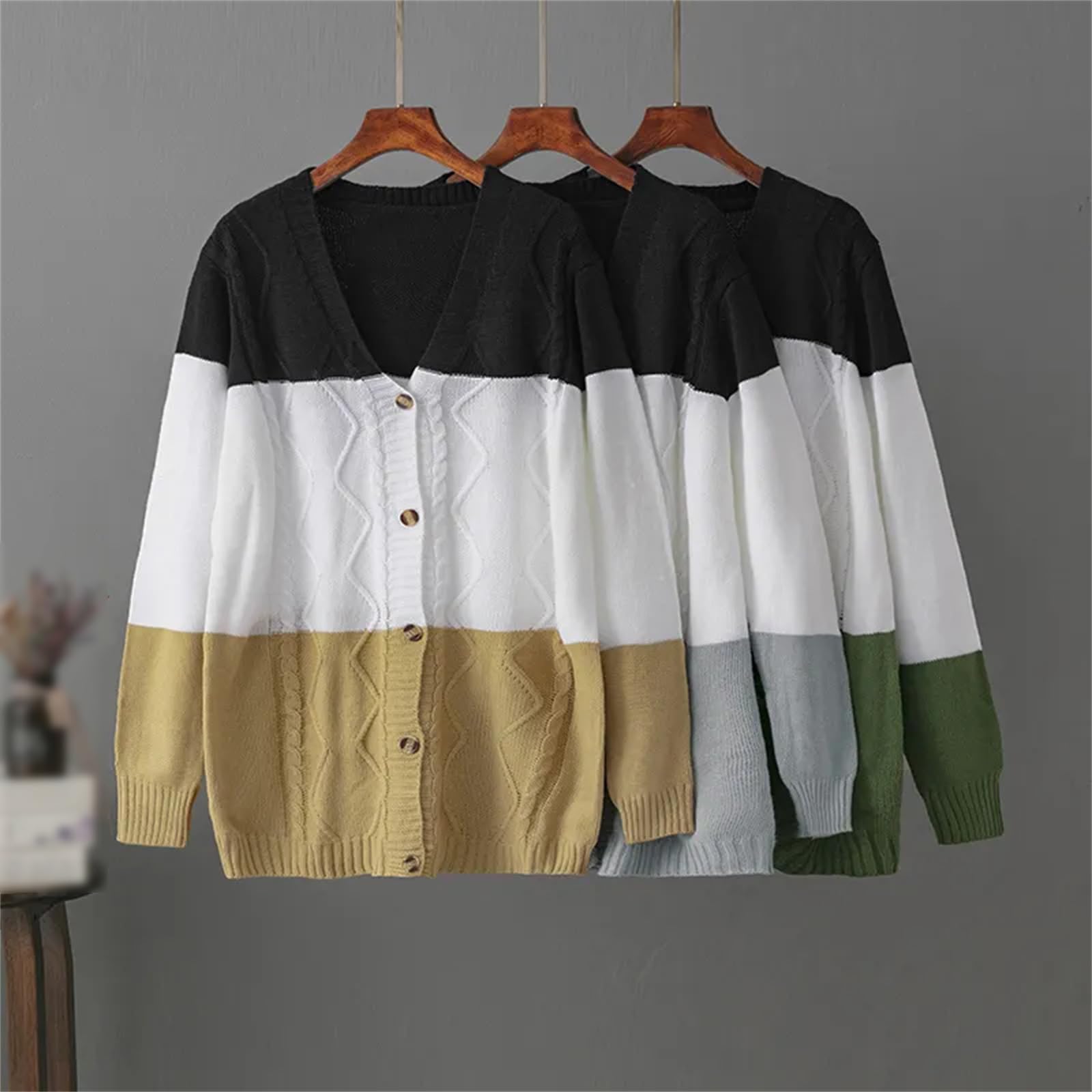 Cárdigan De Punto De Otoño para Mujer, Top Informal De Invierno con Botones De Contraste, Chaqueta, Suéter De Manga Larga, Cárdigan