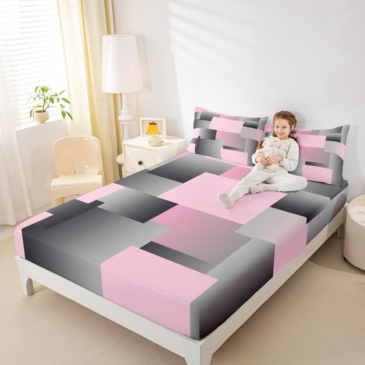 Erosebridal Geometric Square Fitted Sheet for Boys,Pink Abstract Geometry Girls Queen Bedding Set Modern Geometric Rectangle Bed Sheets for Kids Teen Adults,Graphic Rendering Artwork Bed Cover