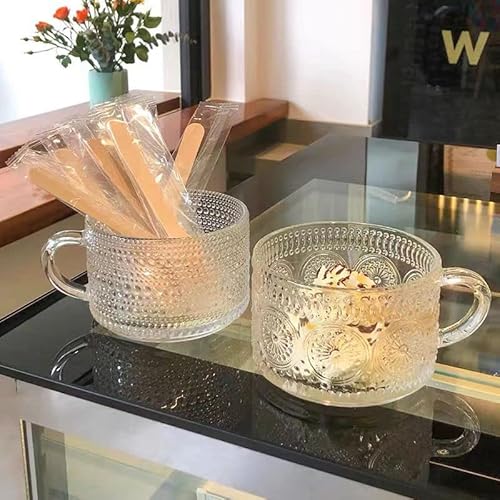 Amzcku Vintage Coffee Tea Cups, Glass Mugs With Spoon And Coasters 14 Oz Set Of 2 Embossed Glassware With Handle, For Cappuccino, Latte, Cereal, Yogurt, Beverage Hot/Cold, Milk #TOP3