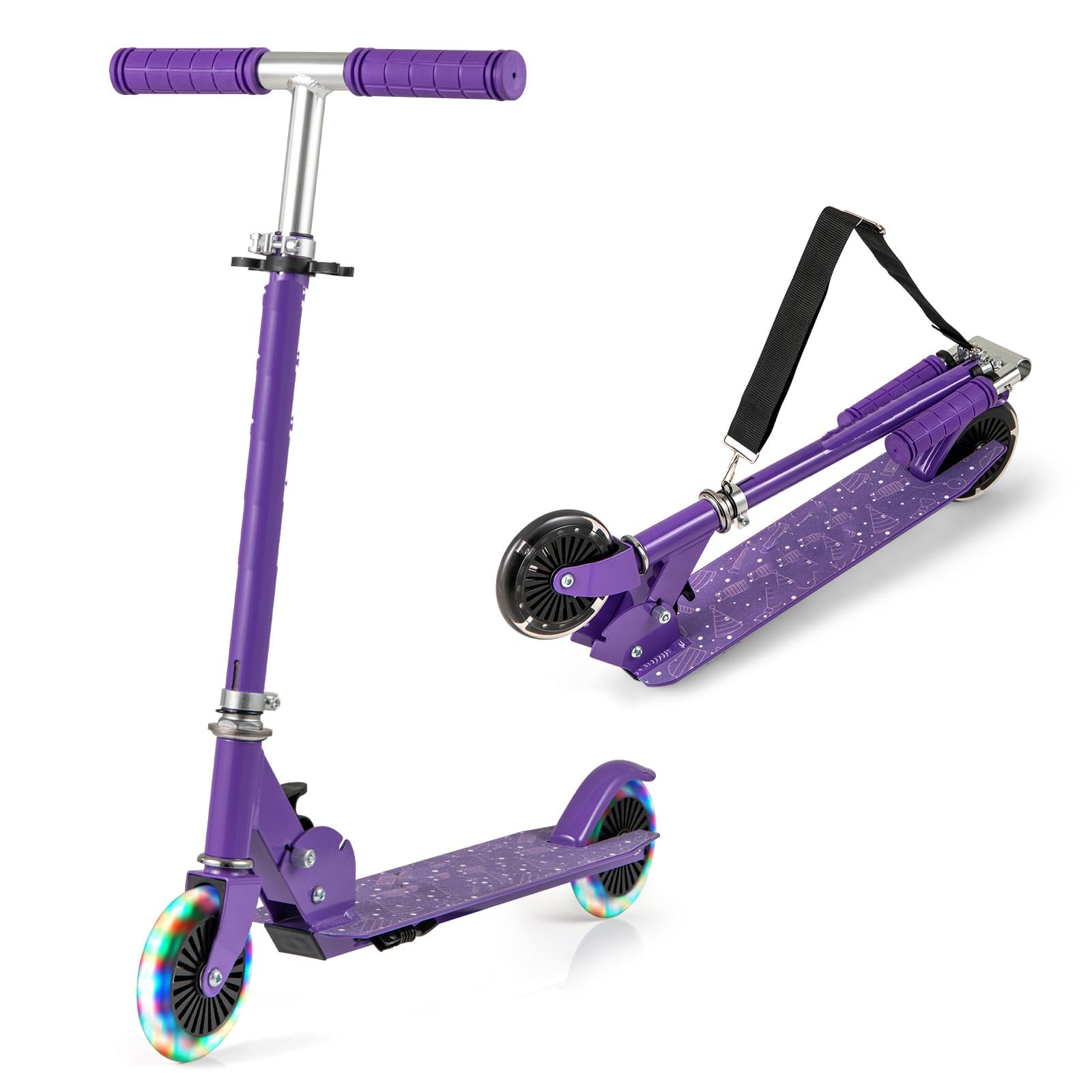 COSTWAY Foldable Kids Scooter, 2-Wheel Kick Scooter with Light Up Wheels, Adjustable Handlebar and Rear Brake, for Boys Girls Ages 3+ (with Carry Strap, Purple)
