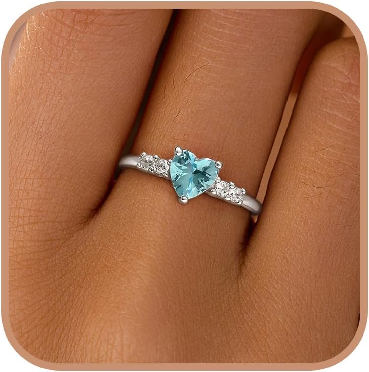 925 Sterling Silver Heart Rings for Women Aquamarine Blue Cubic Zirconia March Birthstone Rings Promise Ring for Her Eternity Ring Engagement Wedding Band Purity Ring Birthday Mothers Day Gifts