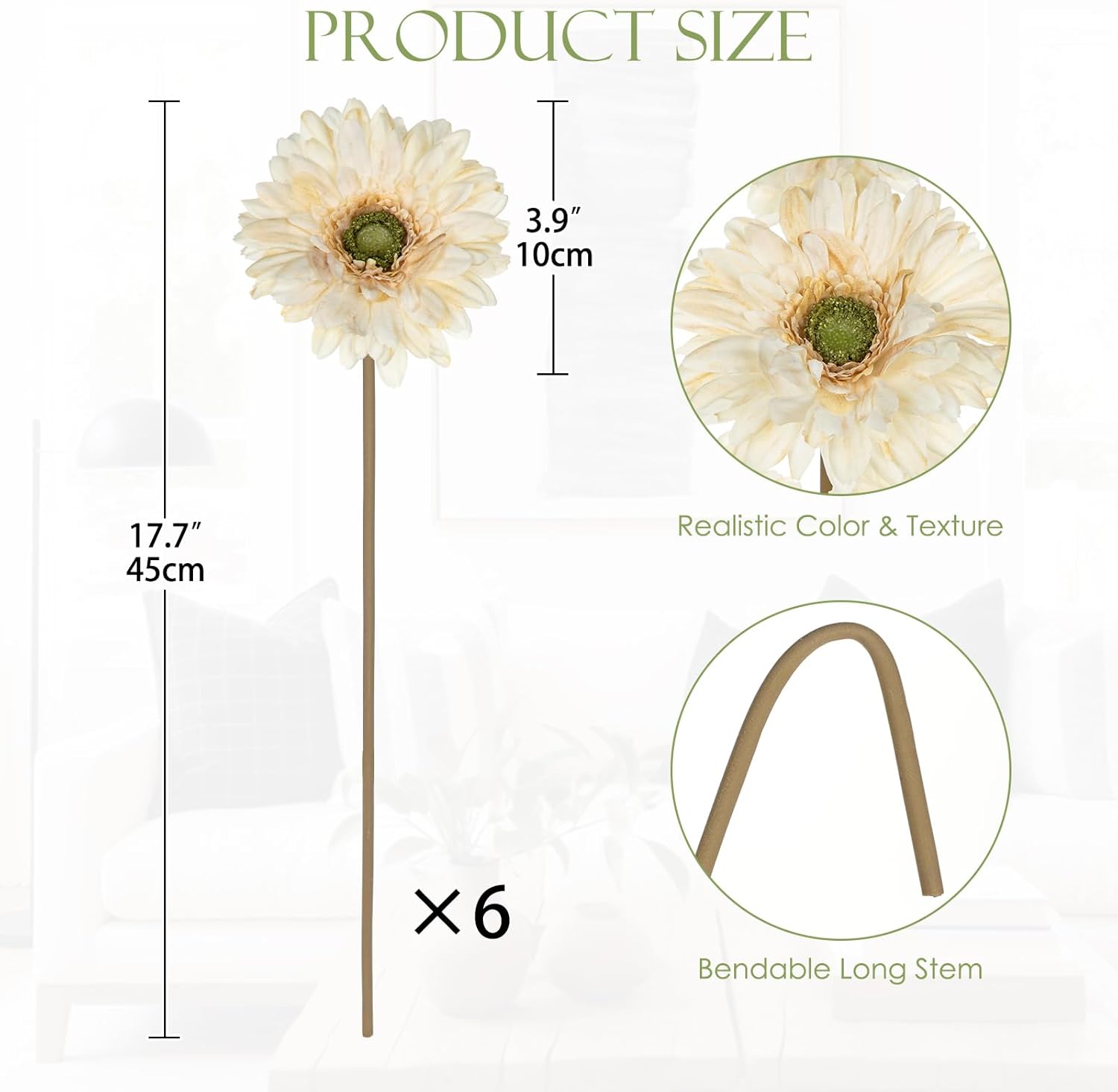 Briful Realistic Fake Flowers Bulk – 6pcs Gerbera Daisy Artificial Flowers Bouquet, Spring Summer Faux Flowers Indoor for Vase Filler, Wedding Centerpieces, Home & Outdoor Decor, Beige - Image 3