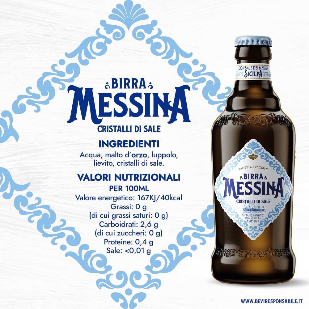 Birra Messina Cristalli di Sale, Cassa con 15 Bottiglie da 50cl, Birra Premium Lager a Bassa Fermentazione, Gusto Morbido, Fine ed Equilibrato, Gradazione 5% Vol