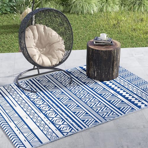 Outsunny Tapis extérieur Style Graphique - Tapis réversible 2 Motifs - dim. 2,74L x 1,82l m - PP Haute densité 310 g/m² Bleu et Blanc