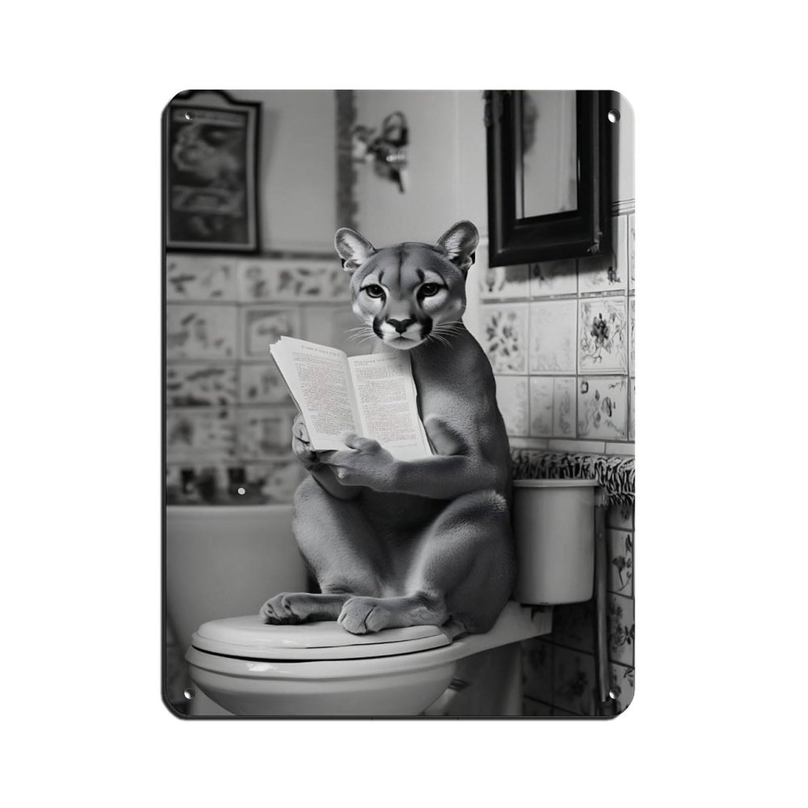 Lxwnze 30L X 40W Cm Whimsical Bathroom Cougar Reading Tin Sign Vintage Metal Pub Club Cafe Bar Home Wall Art Decoration Poster Retro 12X16inch(30X40cm)