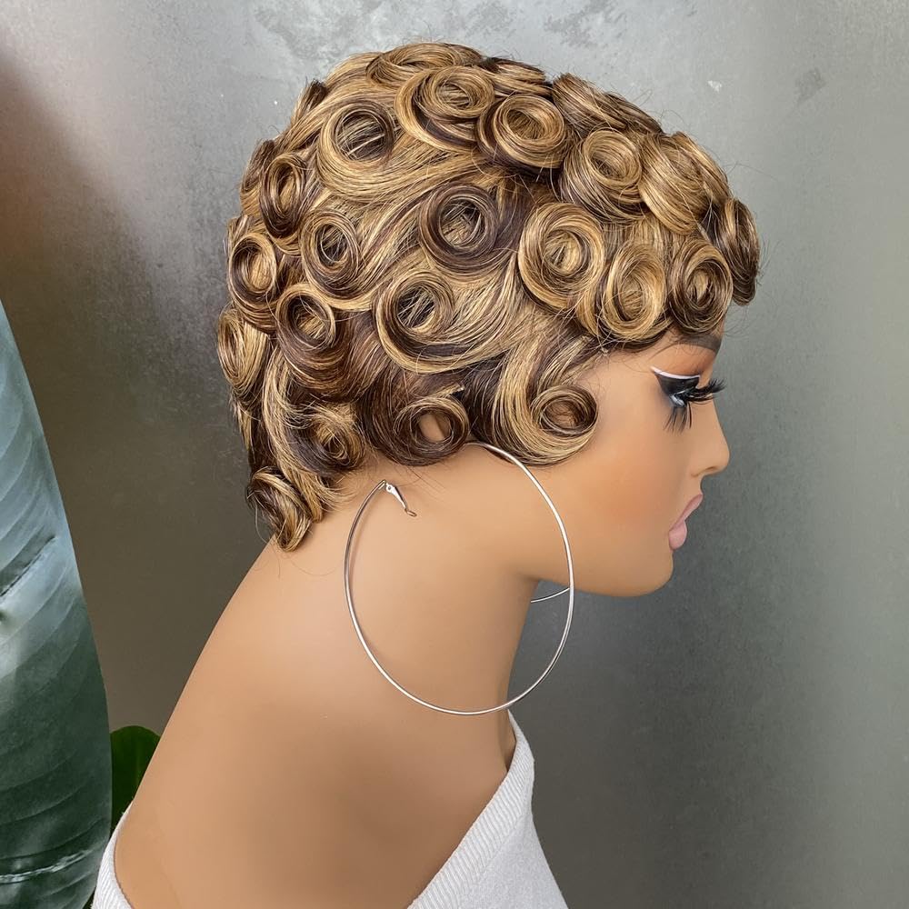 Haarpflege Highlight Perücke Aus Echthaar Mit Kurzen Locken Maschinell Hergestellt Für Schwarze Frauen(3)