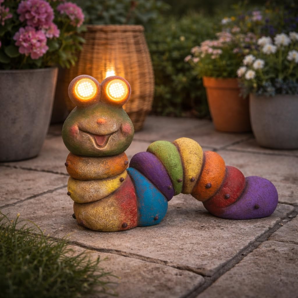 Premier 42.5cm Solar Caterpillar Garden Ornament with Moving Eyes LED Light Up Outdoor Statue Polyresin Decorative Lawn Figure Solar Powered Animal Garden Decoration