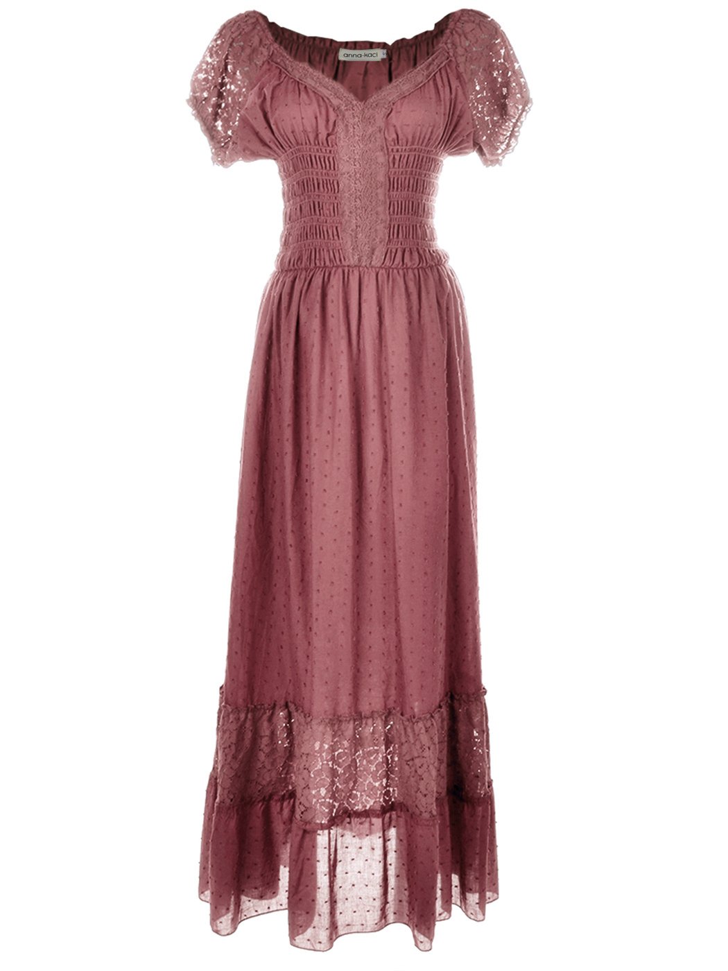 Anna-Kaci Renaissance Peasant Maiden Boho Inspired Cap Sleeve Lace Trim Maxi Dress
