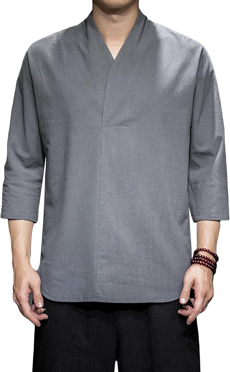 Men's Cotton Linen Henley Shirt Lightweight Long Sleeve Hippie Shirts Casual Banded Collar Beach T Shirts