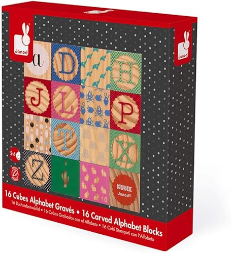 Miniatura 5 de Janod Kubix J08078 - 16 bloques de madera del alfabeto y números - Edades 2+