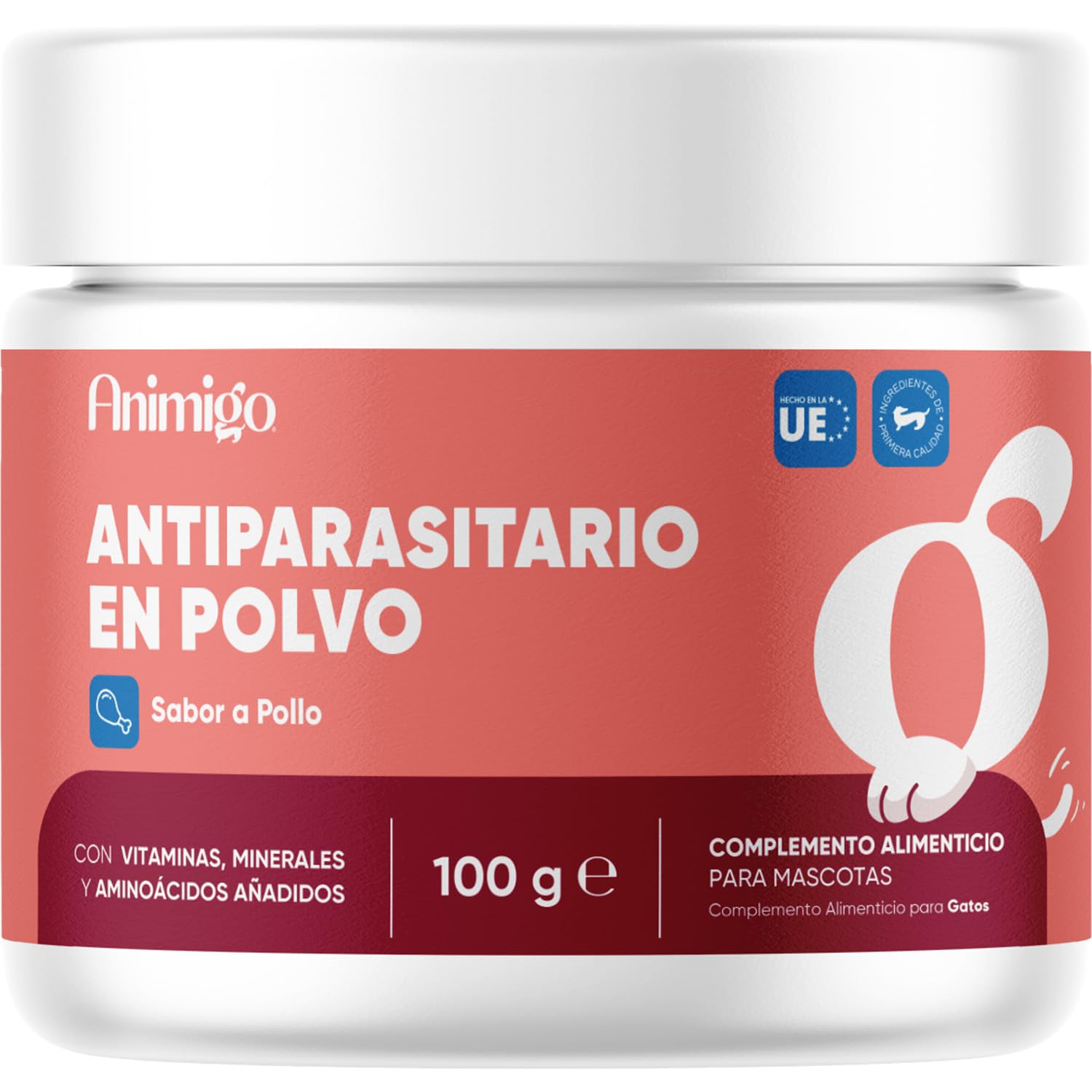 animigo Antiparasitario en Polvo para Gatos 100g Sabor Pollo - Protección Natural Antipulgas y Antigarrapatas Muy Fácil de Suministrar Formulado con Ingredientes Naturales, Vitaminas Grupo B y Zinc